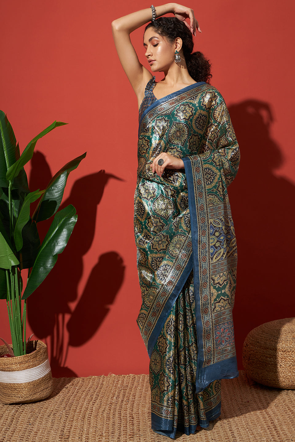 Ajrakh Printed Crush Gold Tissue Rusty Blue Silk Saree