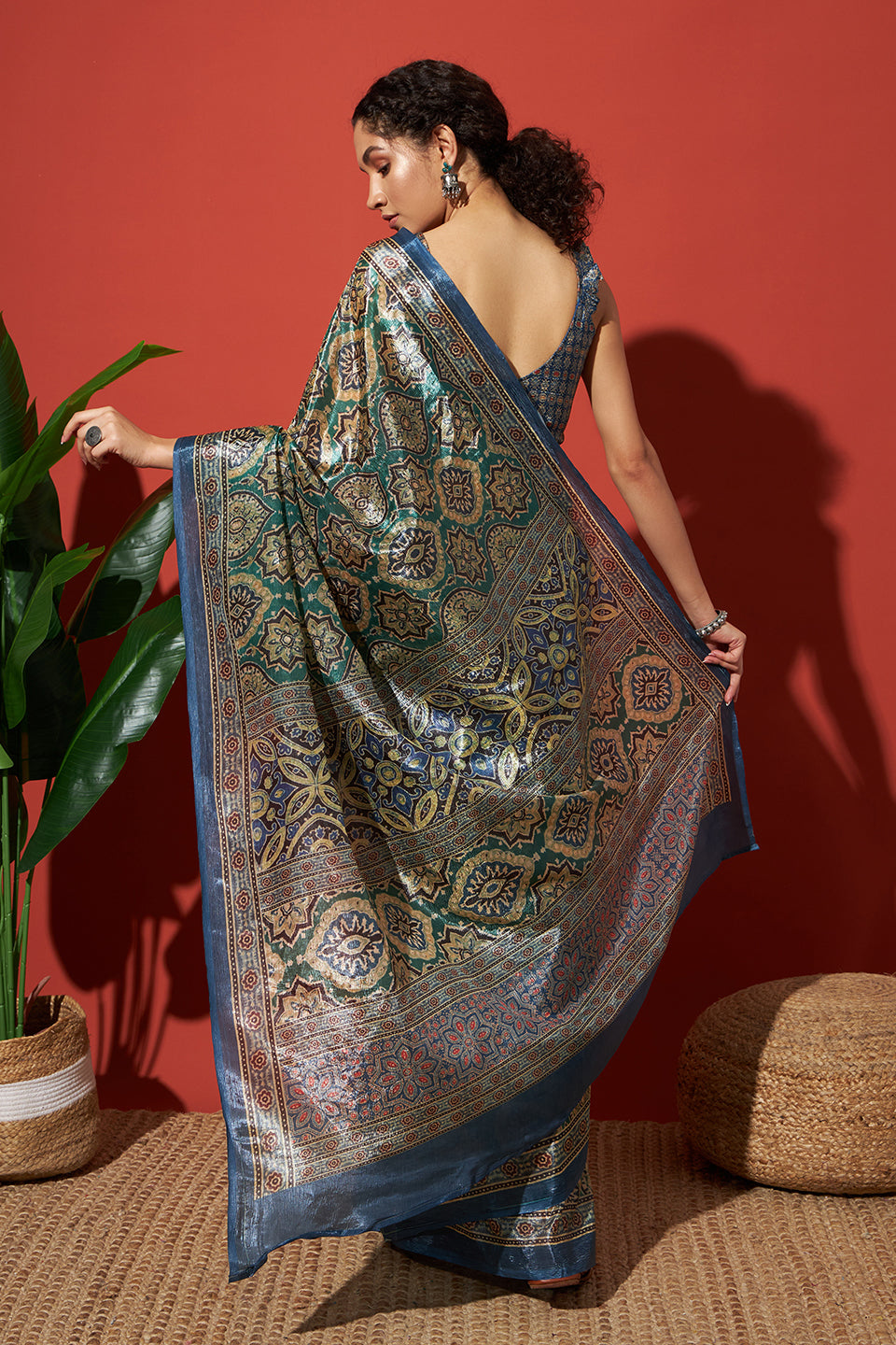 Ajrakh Printed Crush Gold Tissue Rusty Blue Silk Saree