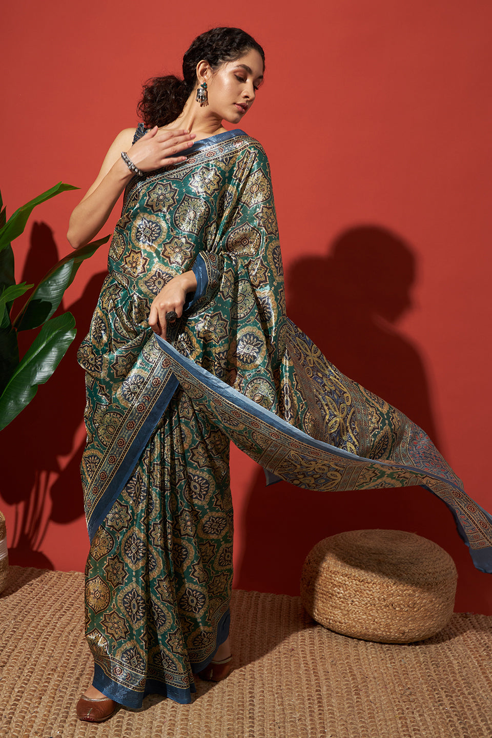 Ajrakh Printed Crush Gold Tissue Rusty Blue Silk Saree