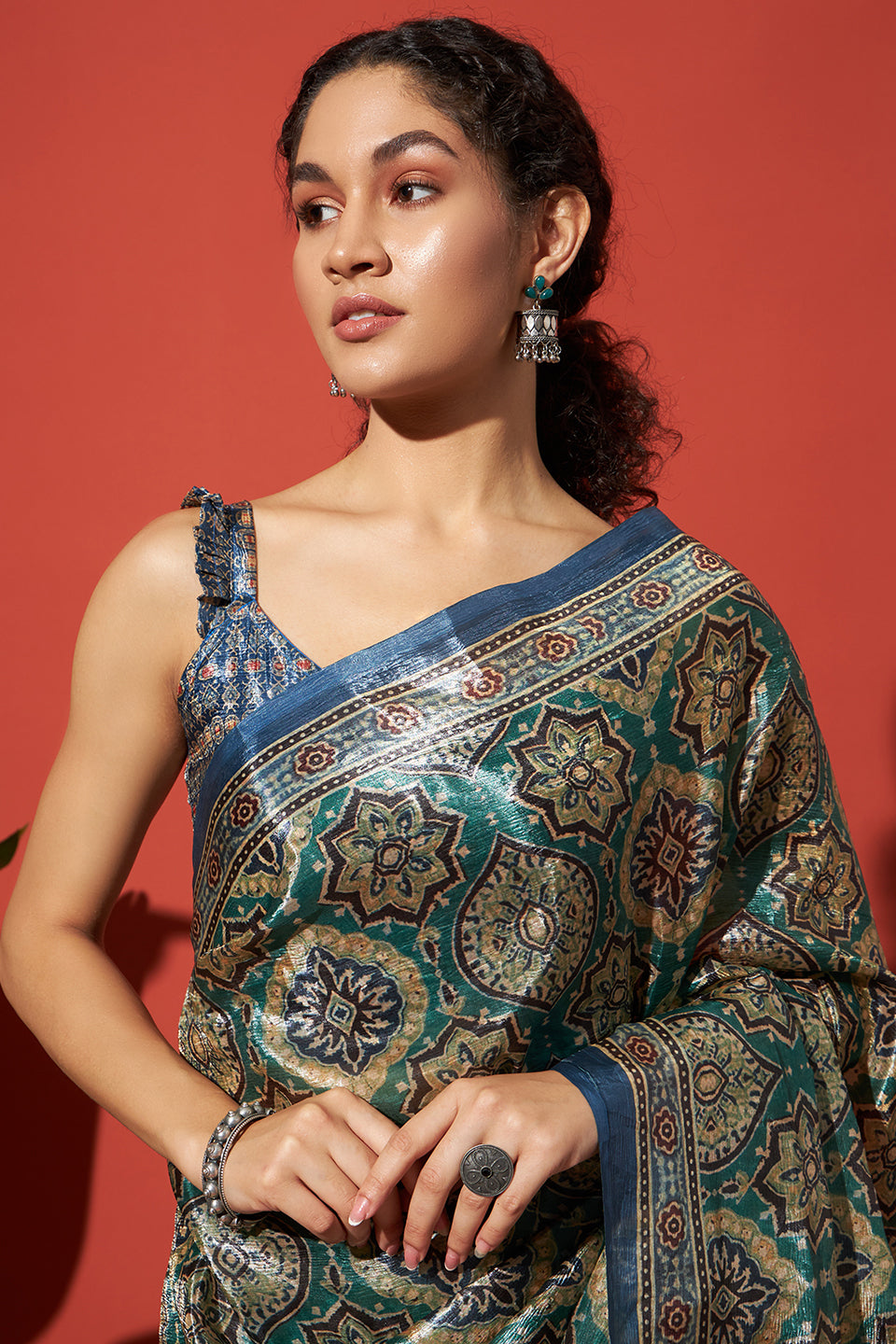 Ajrakh Printed Crush Gold Tissue Rusty Blue Silk Saree