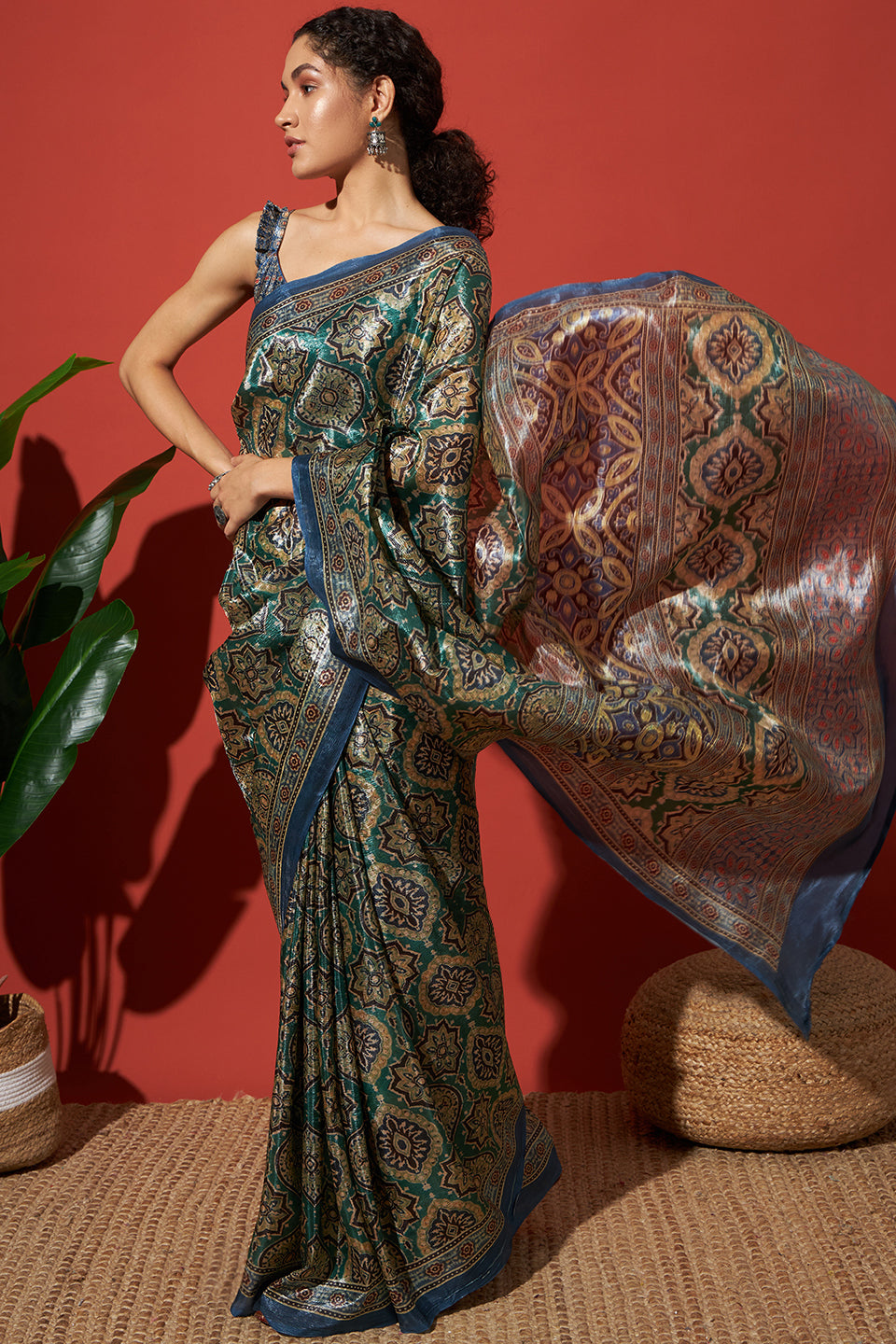 Ajrakh Printed Crush Gold Tissue Rusty Blue Silk Saree