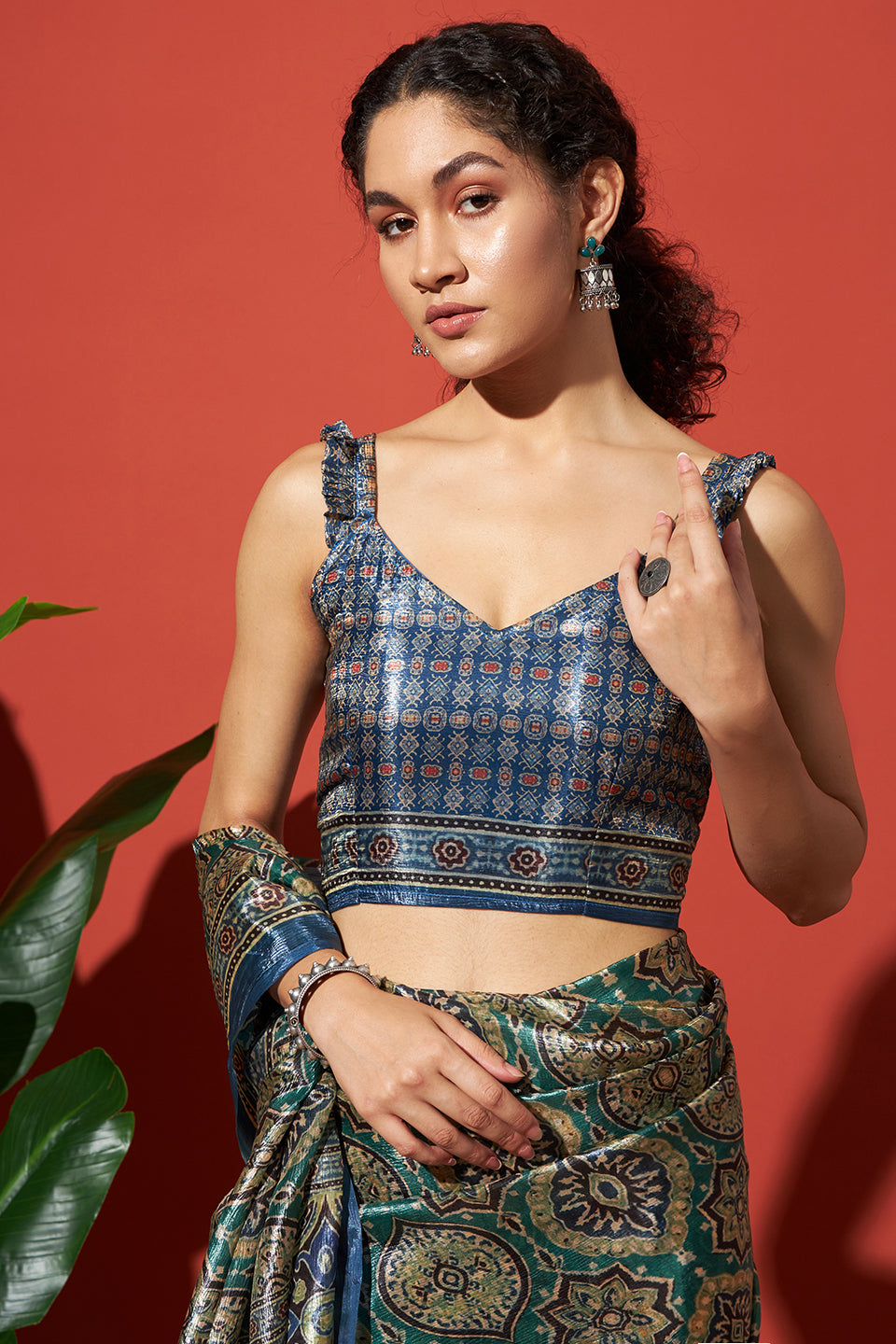 Ajrakh Printed Crush Gold Tissue Rusty Blue Silk Saree