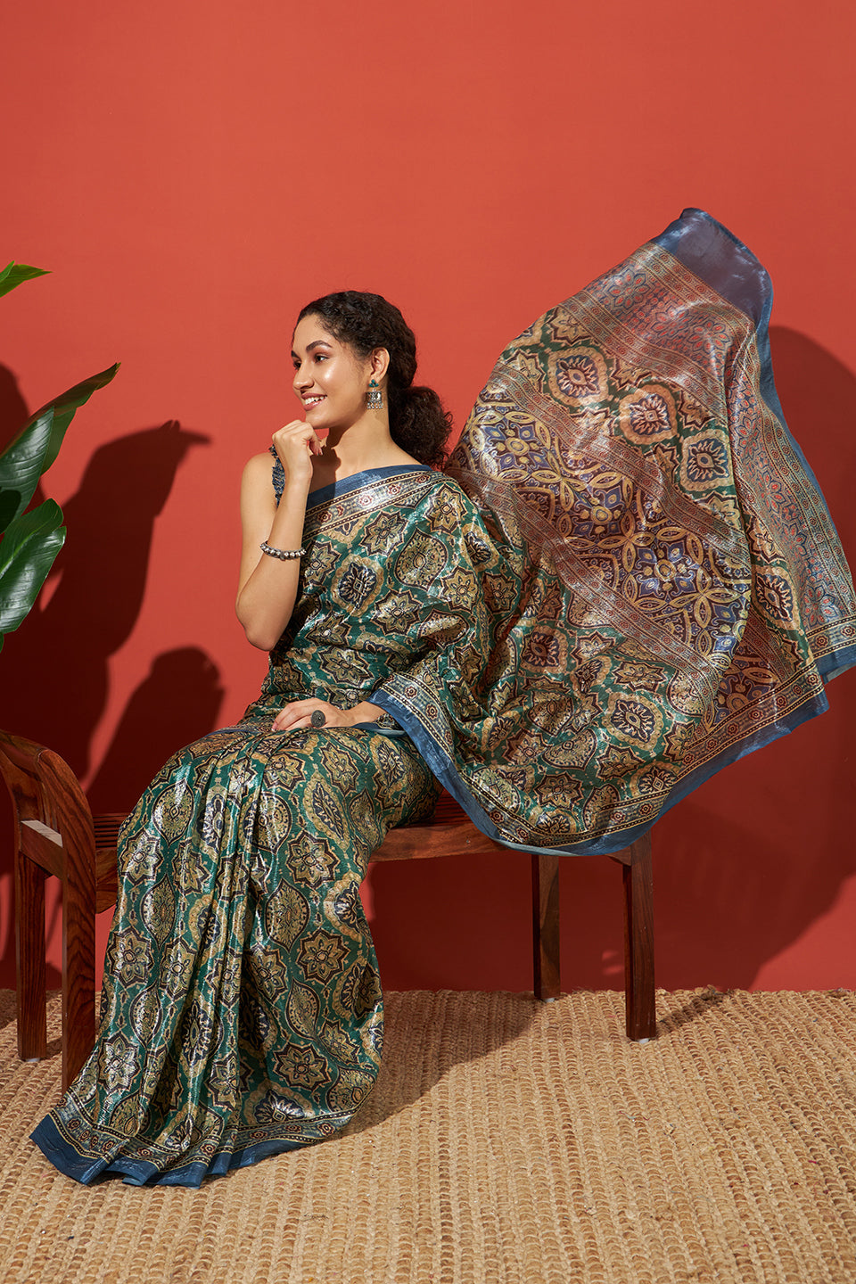 Ajrakh Printed Crush Gold Tissue Rusty Blue Silk Saree