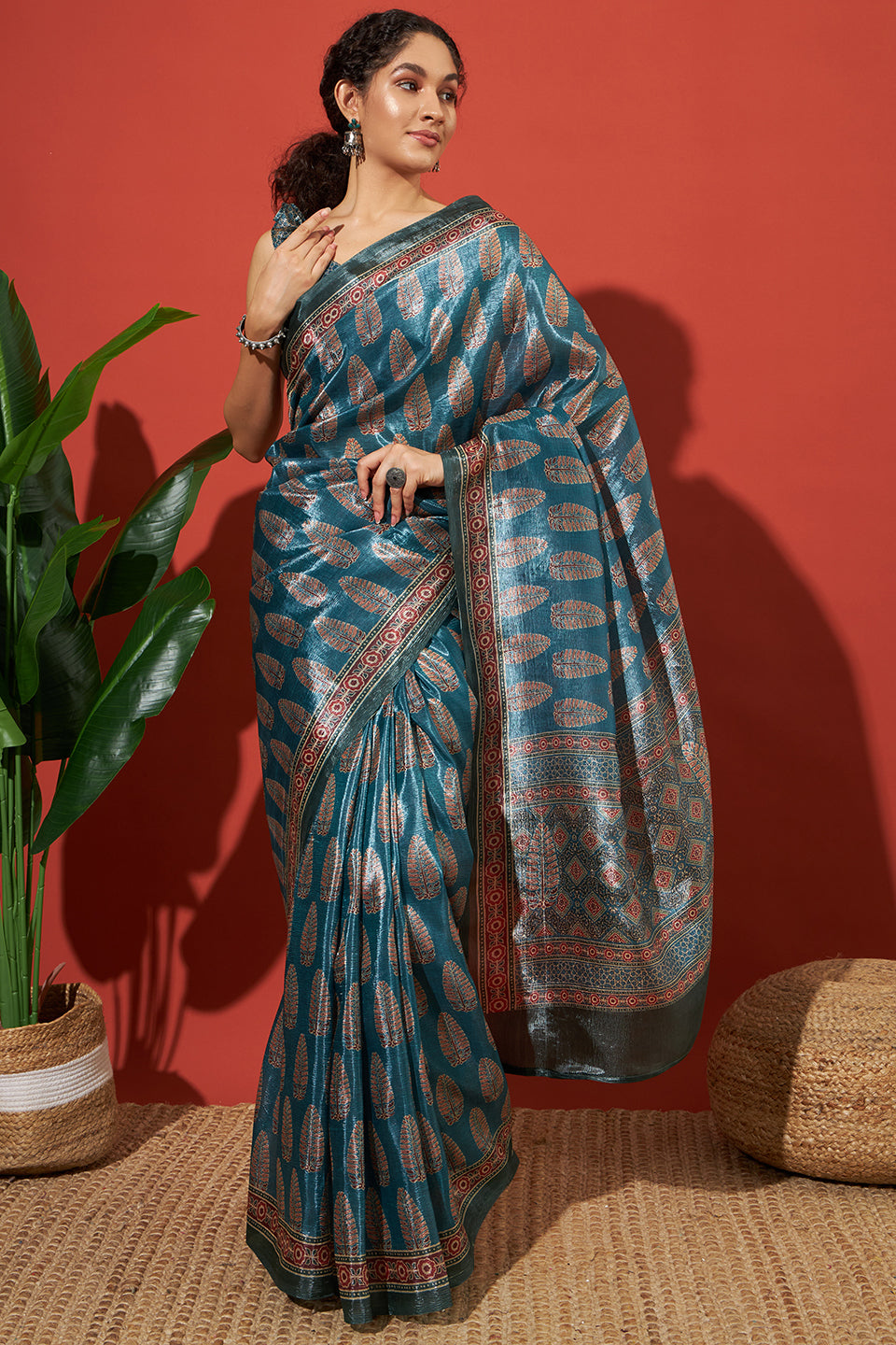 Ajrakh Printed Crush Gold Tissue Blue Silk Saree