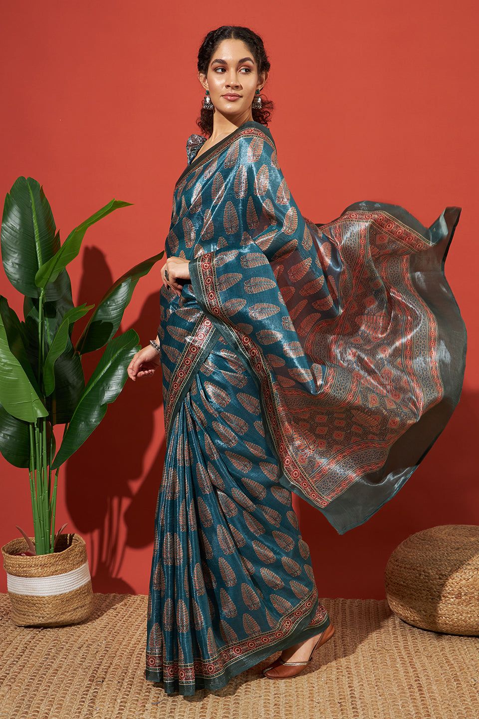 Ajrakh Printed Crush Gold Tissue Blue Silk Saree
