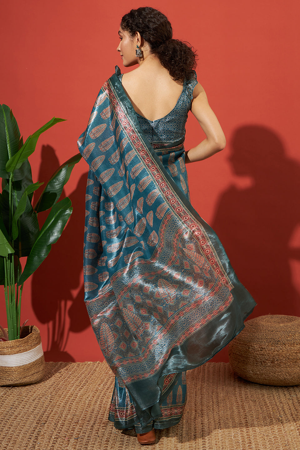 Ajrakh Printed Crush Gold Tissue Blue Silk Saree