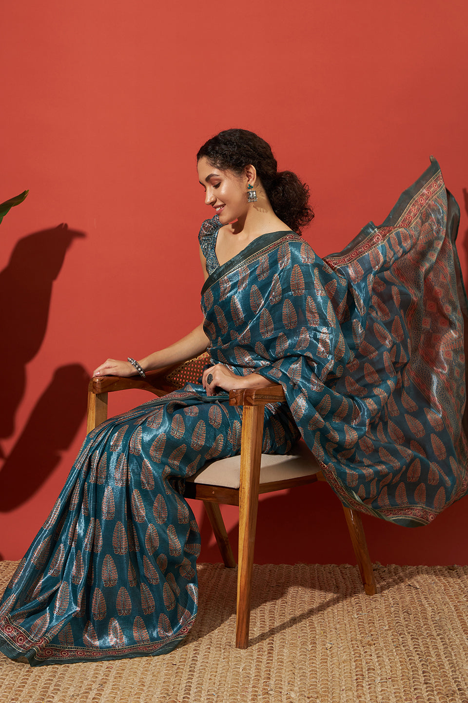 Ajrakh Printed Crush Gold Tissue Blue Silk Saree