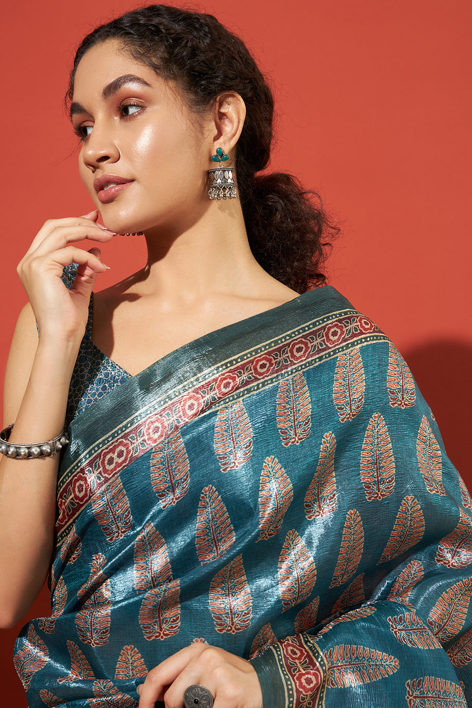 Ajrakh Printed Crush Gold Tissue Blue Silk Saree