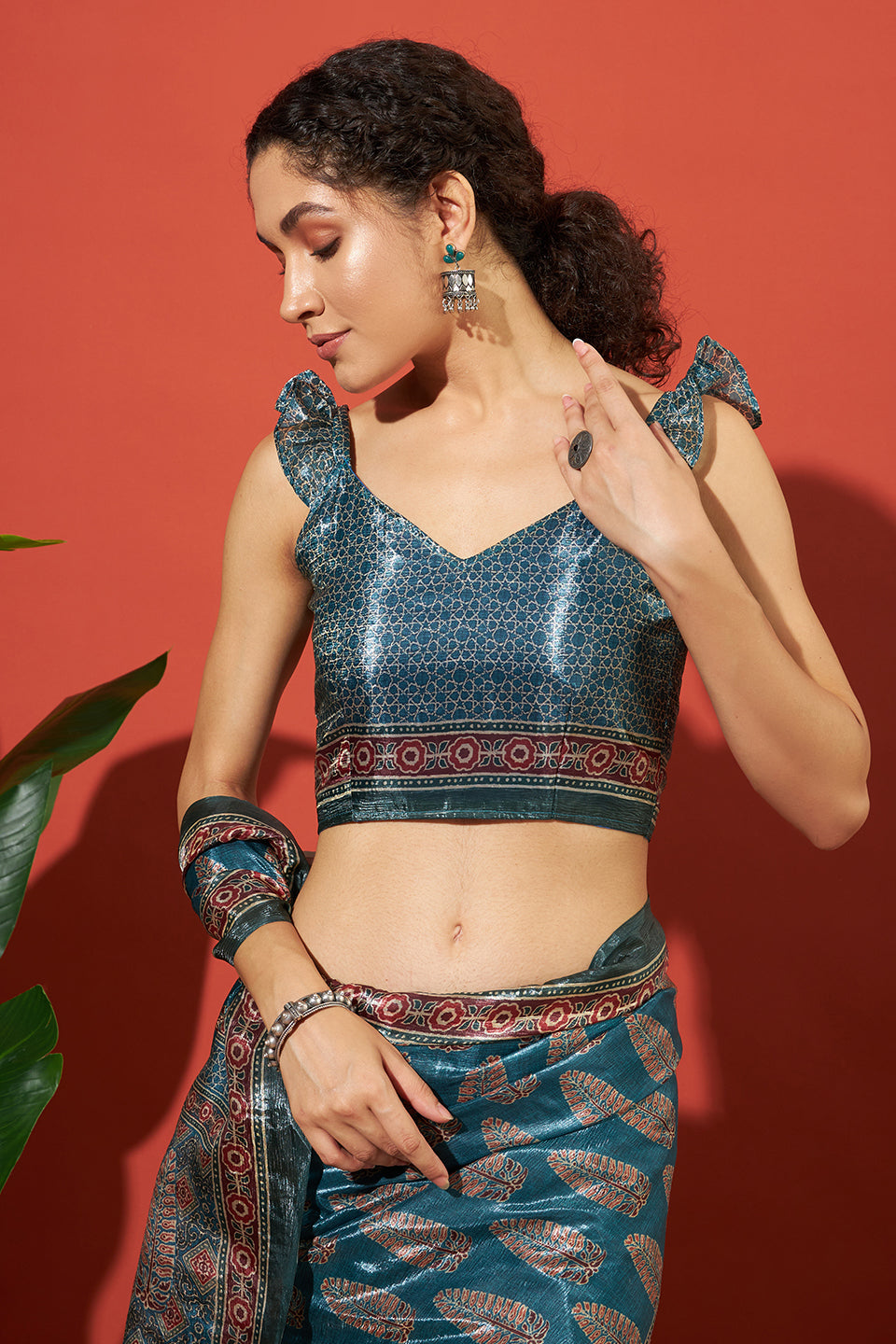 Ajrakh Printed Crush Gold Tissue Blue Silk Saree