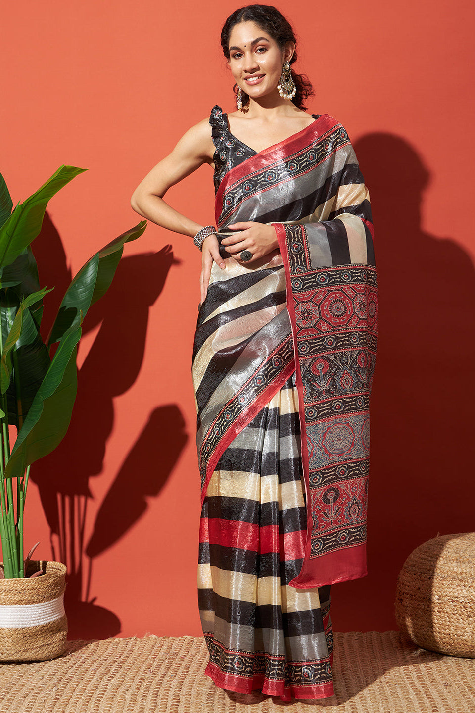 RACHNA Striped Tissue Ready to wear Saree