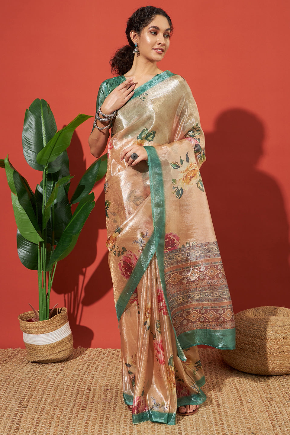 Cream Beige Crush Gold Tissue Saree