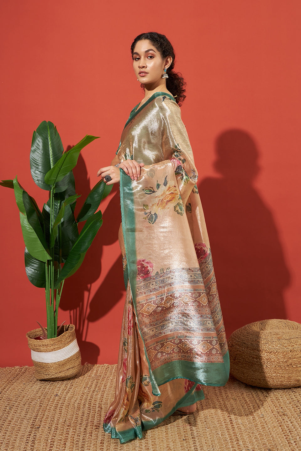 Cream Beige Crush Gold Tissue Saree