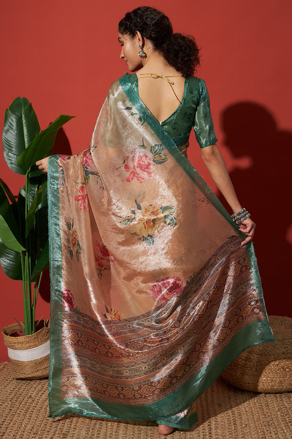 Cream Beige Crush Gold Tissue Saree