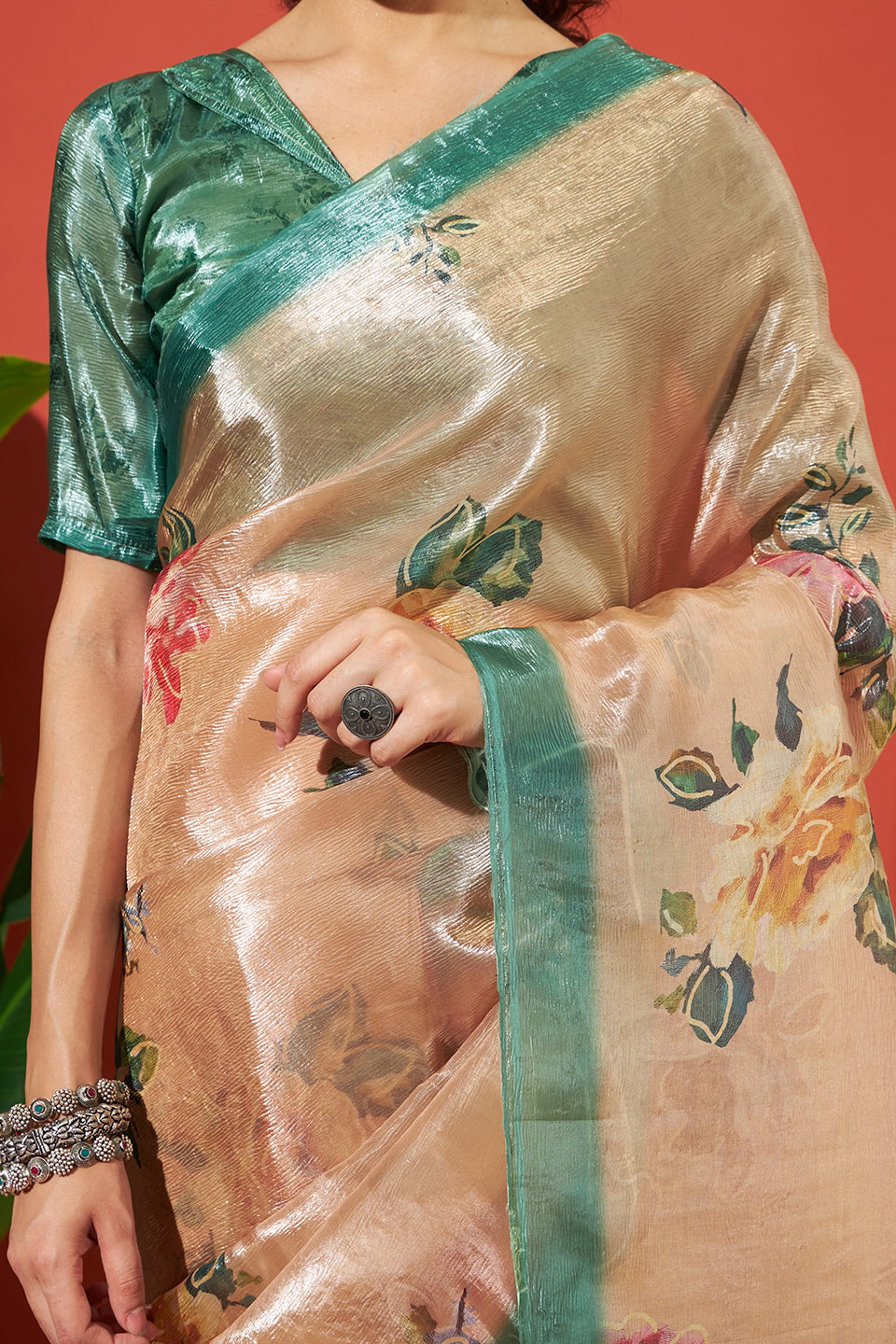 Cream Beige Crush Gold Tissue Saree