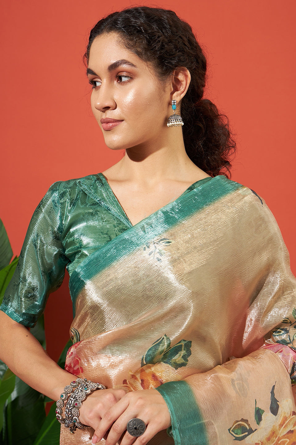 Cream Beige Crush Gold Tissue Saree