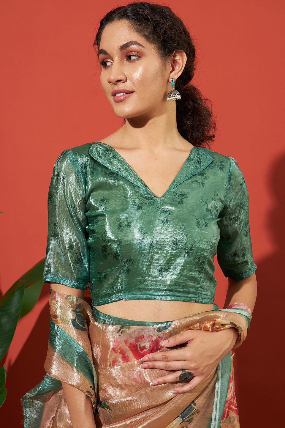 Cream Beige Crush Gold Tissue Saree