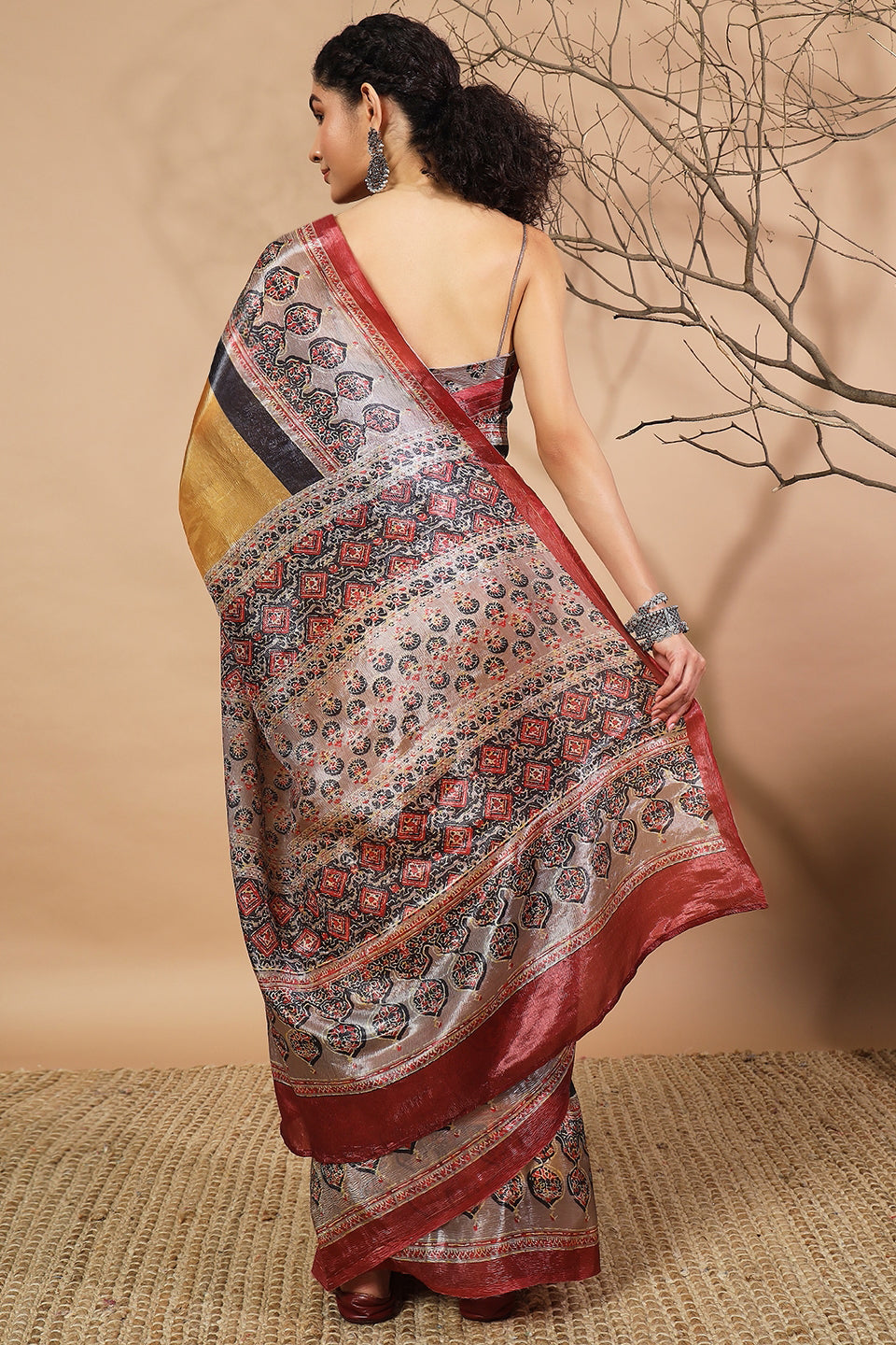 Ajrakh Mustard Crush Gold Tissue Saree