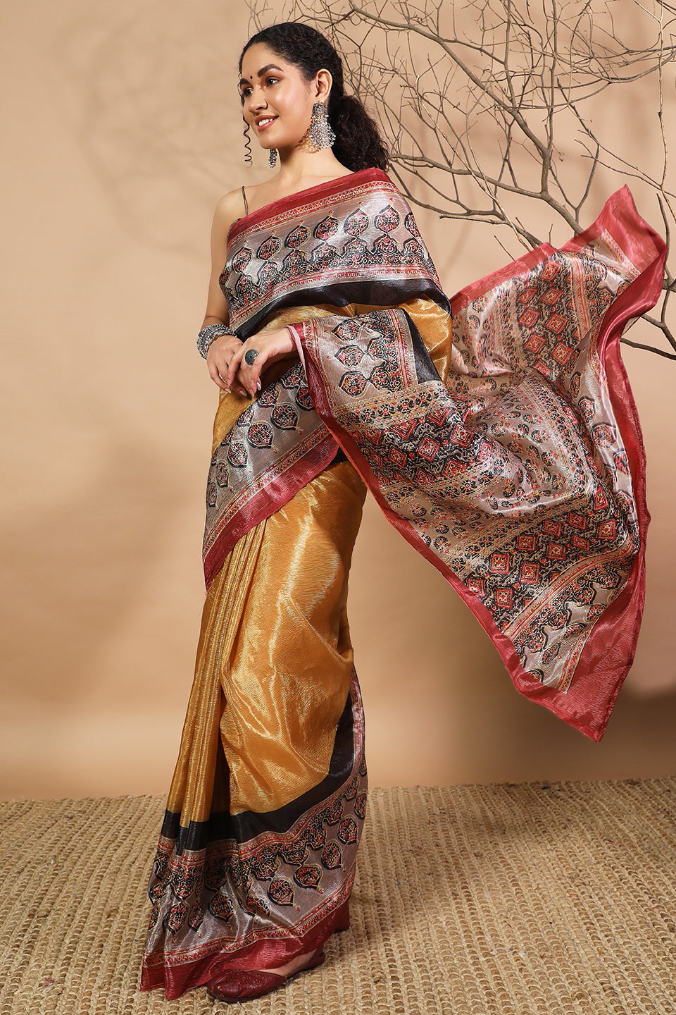 Ajrakh Mustard Crush Gold Tissue Saree