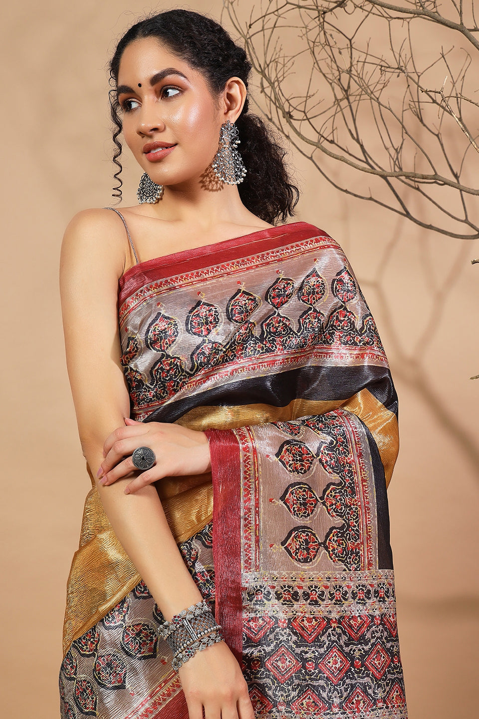 Ajrakh Mustard Crush Gold Tissue Saree