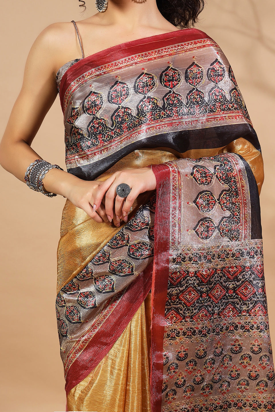 Ajrakh Mustard Crush Gold Tissue Saree