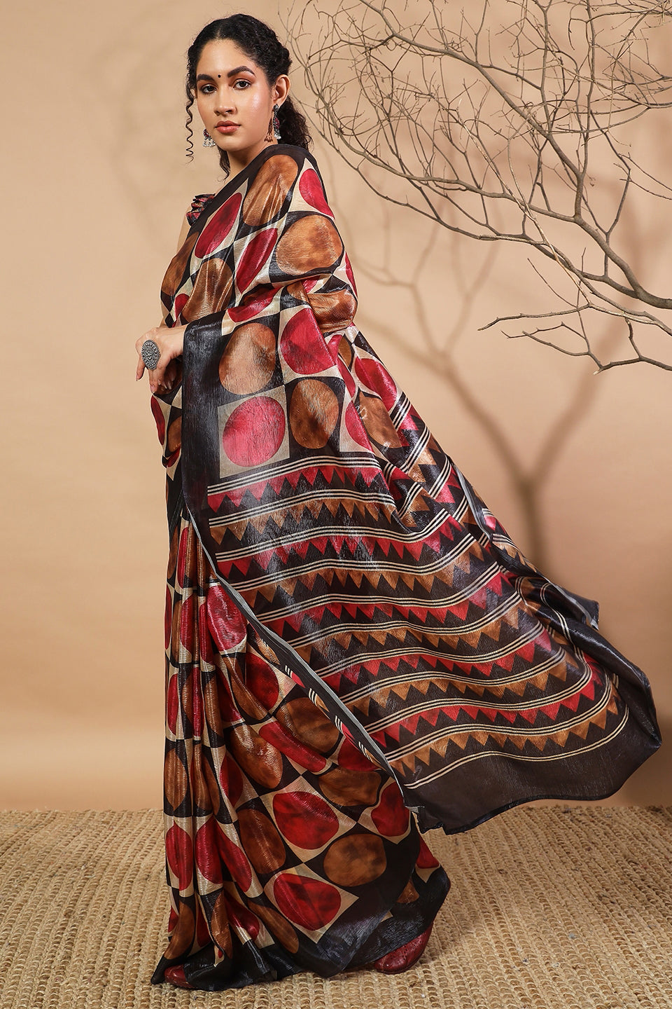 Ajrakh Polka Dot Printed Crush Gold Tissue Saree