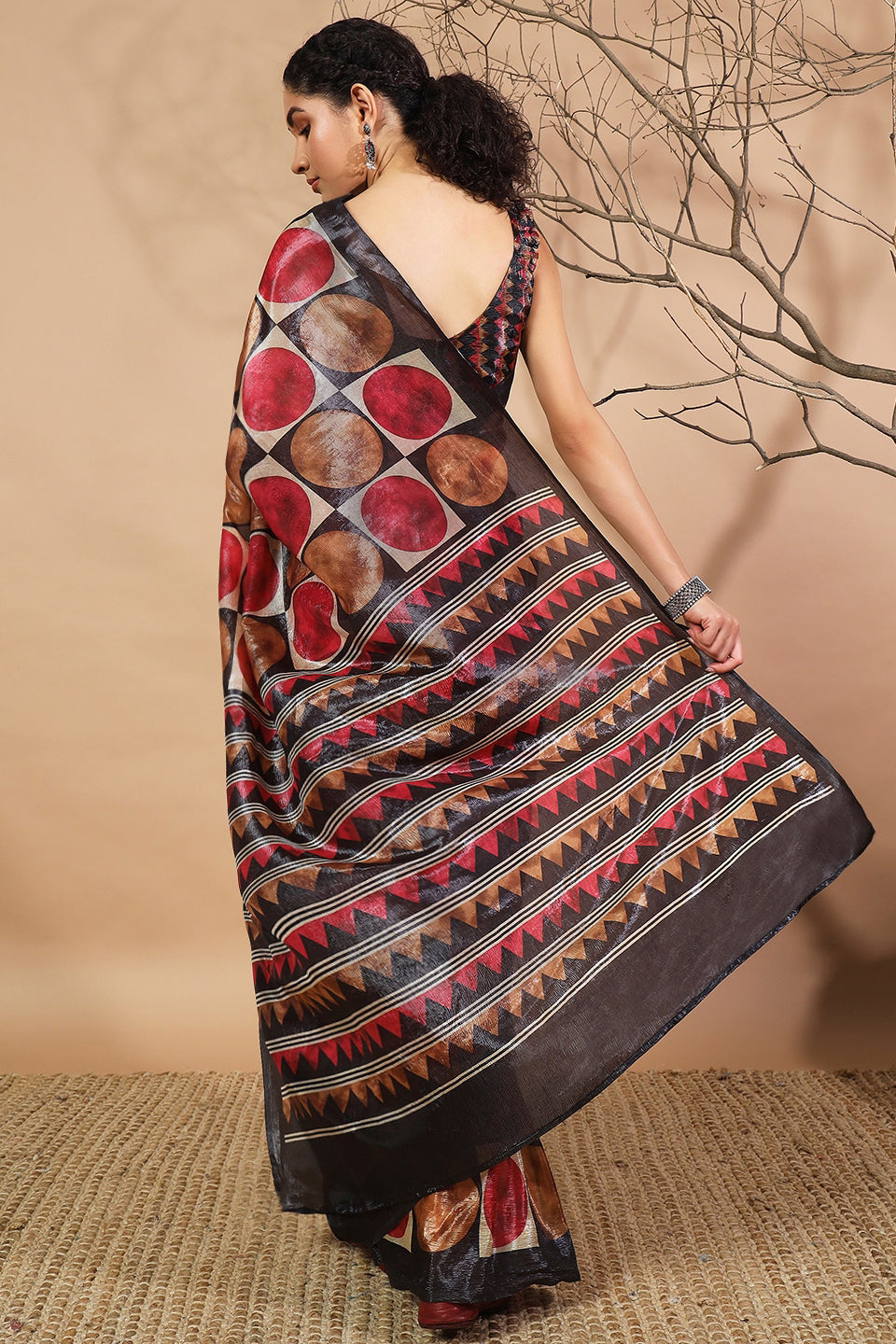 Ajrakh Polka Dot Printed Crush Gold Tissue Saree