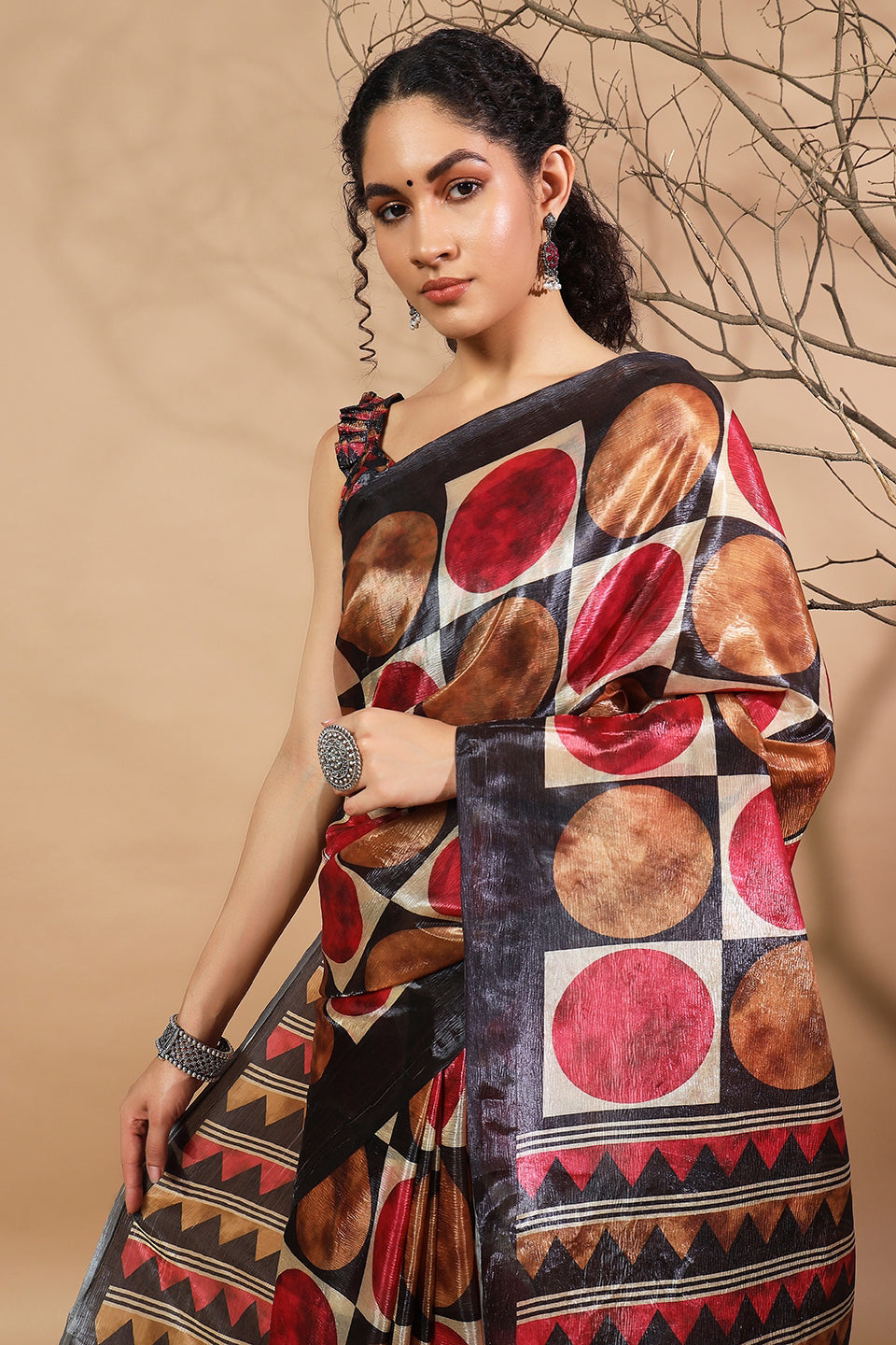 Ajrakh Polka Dot Printed Crush Gold Tissue Saree