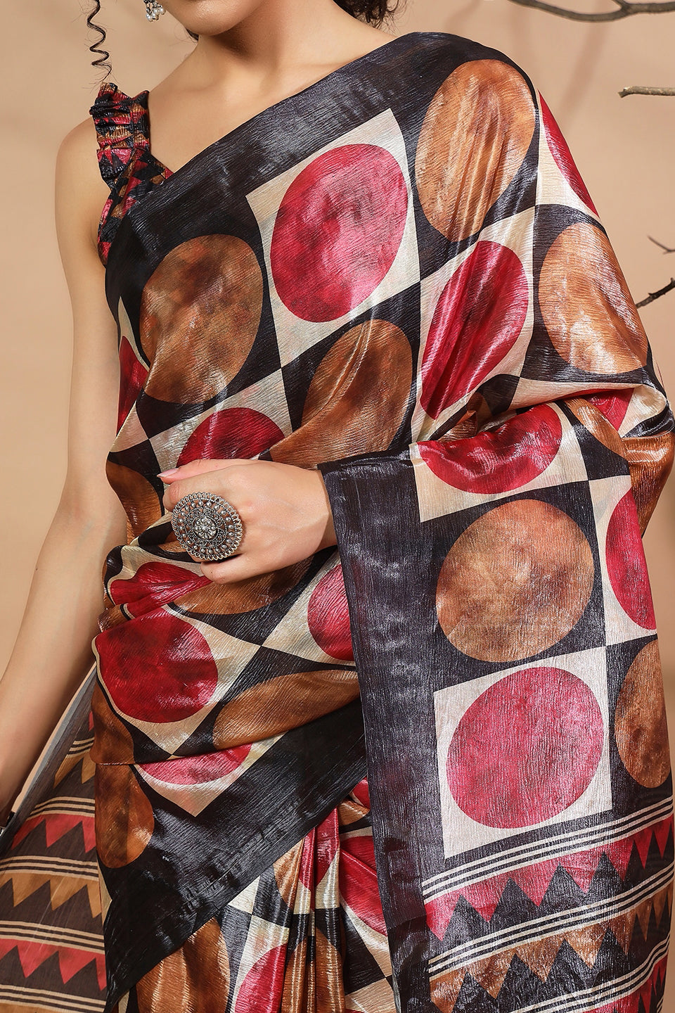 Ajrakh Polka Dot Printed Crush Gold Tissue Saree