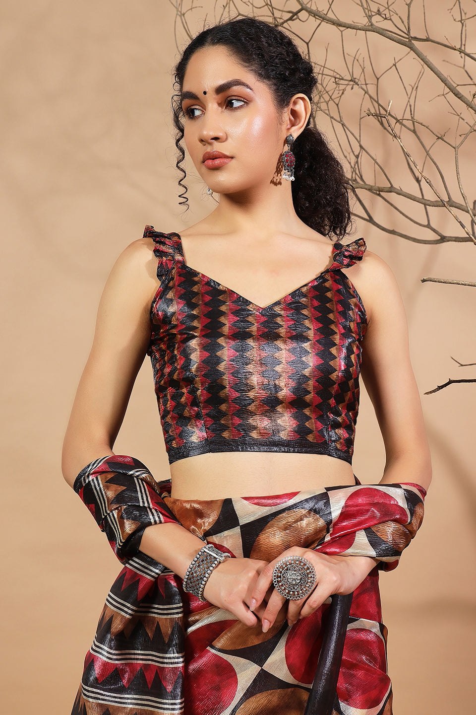 Ajrakh Polka Dot Printed Crush Gold Tissue Saree