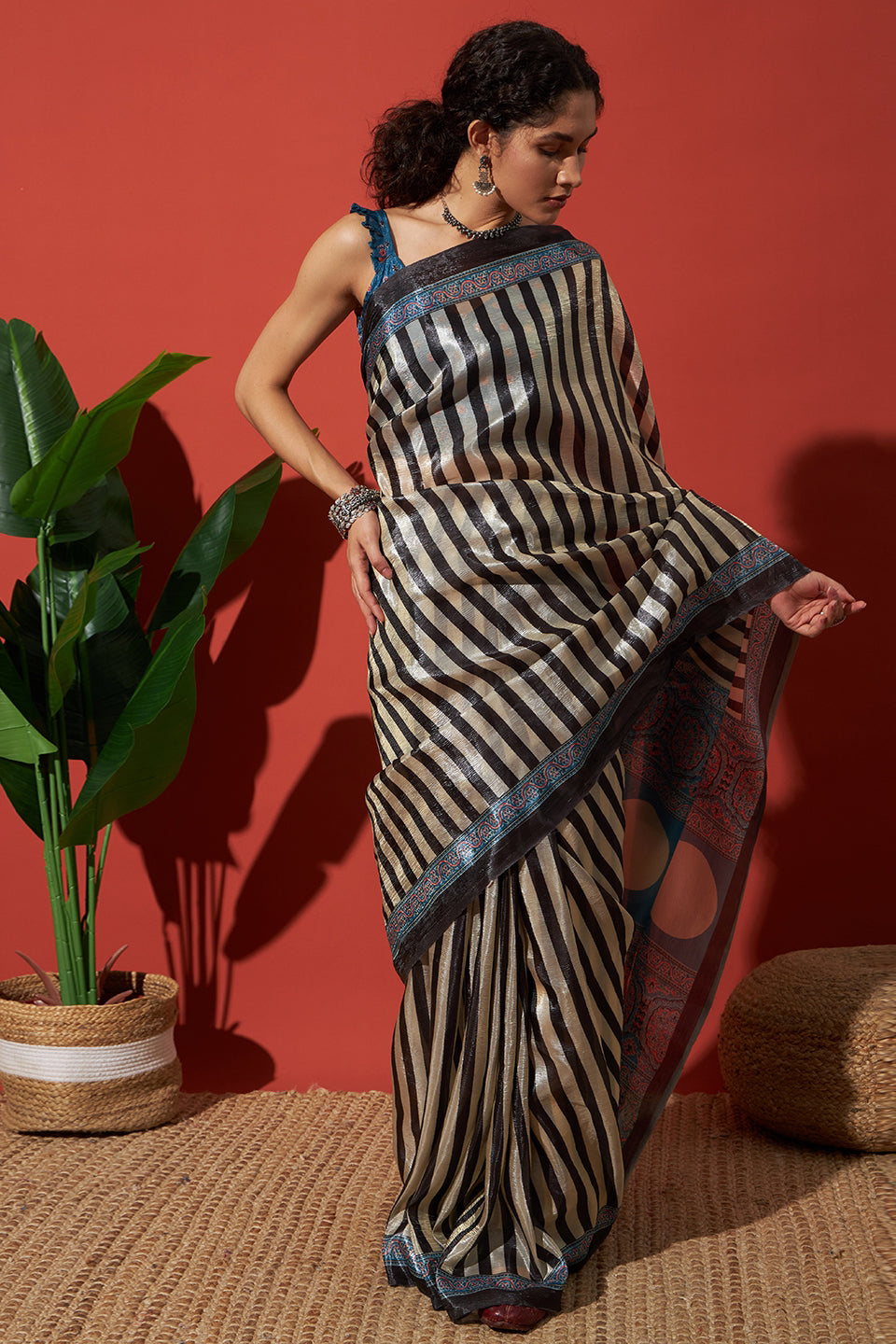Stripe Prints Crush Gold Tissue Saree