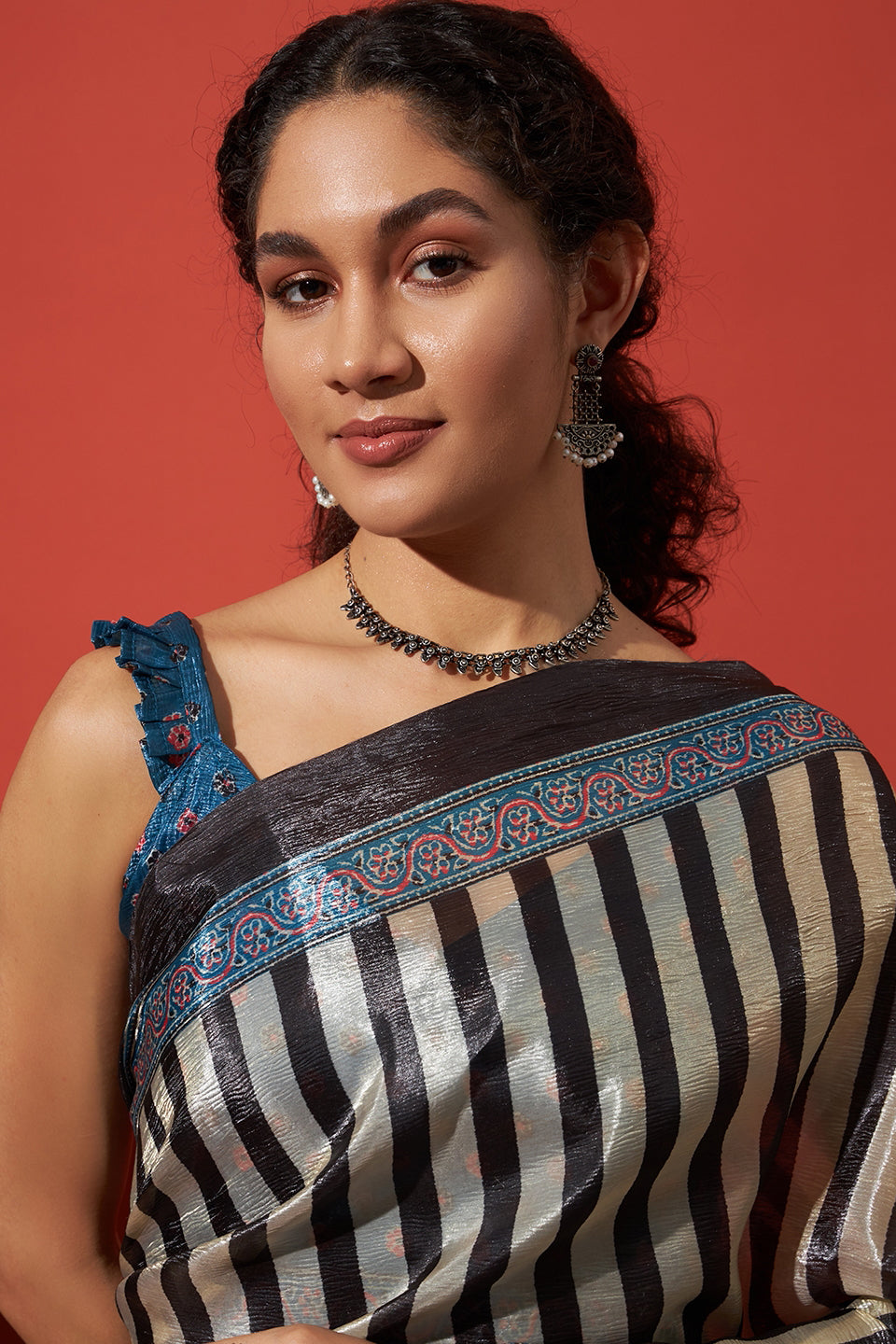 Stripe Prints Crush Gold Tissue Saree