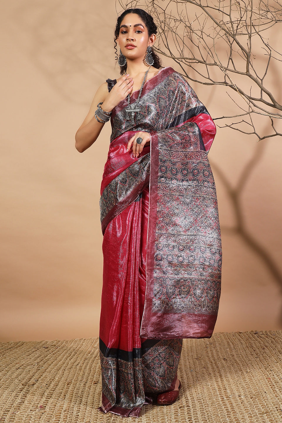 Ajrakh Prints Crush Gold Tissue Saree