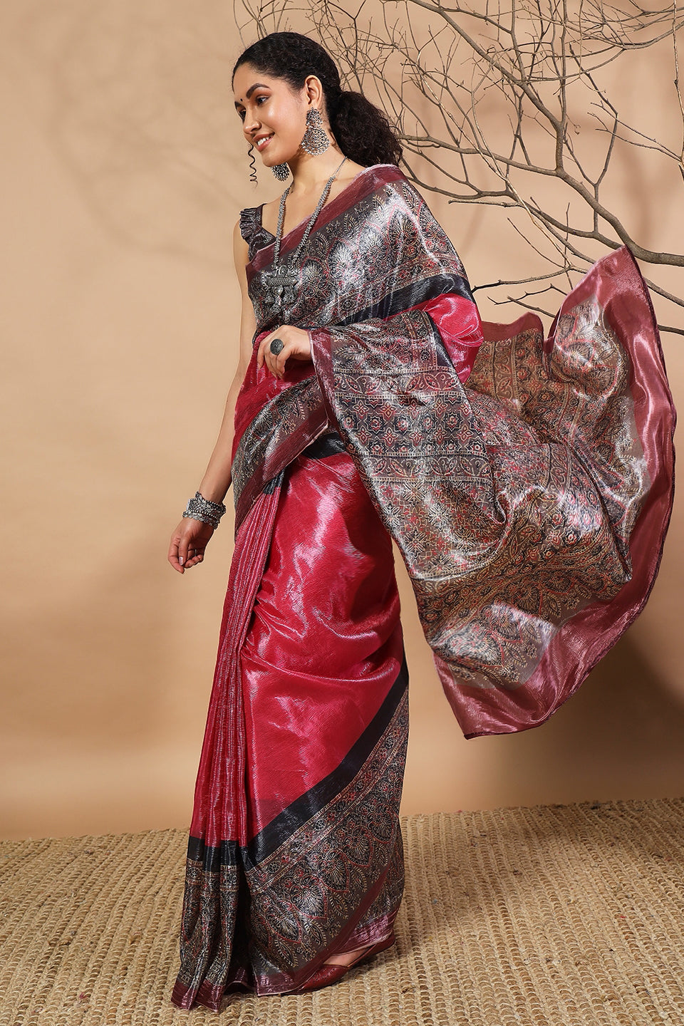 Ajrakh Prints Crush Gold Tissue Saree