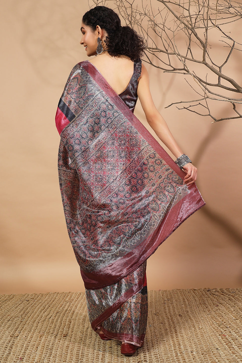 Ajrakh Prints Crush Gold Tissue Saree