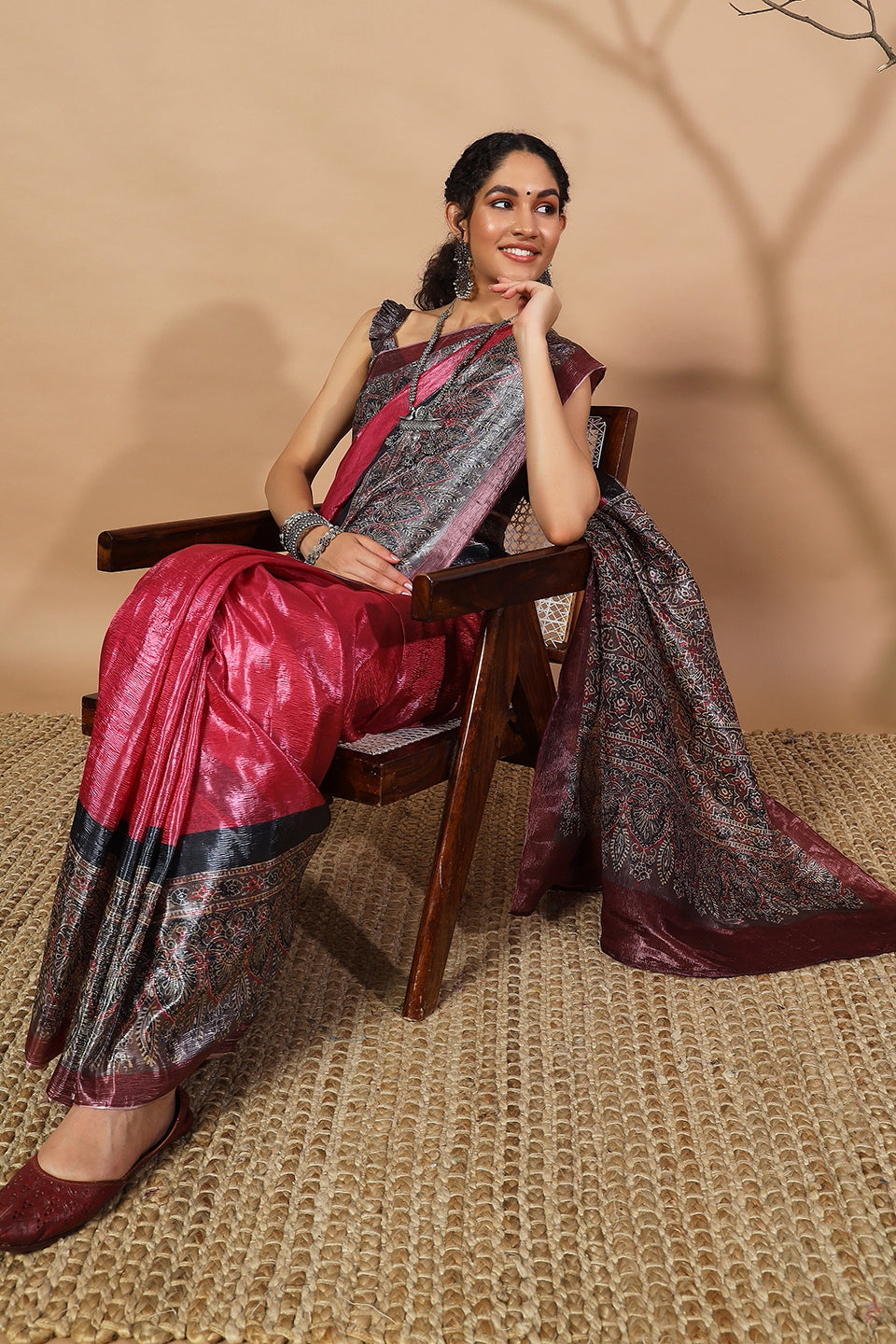 Ajrakh Prints Crush Gold Tissue Saree