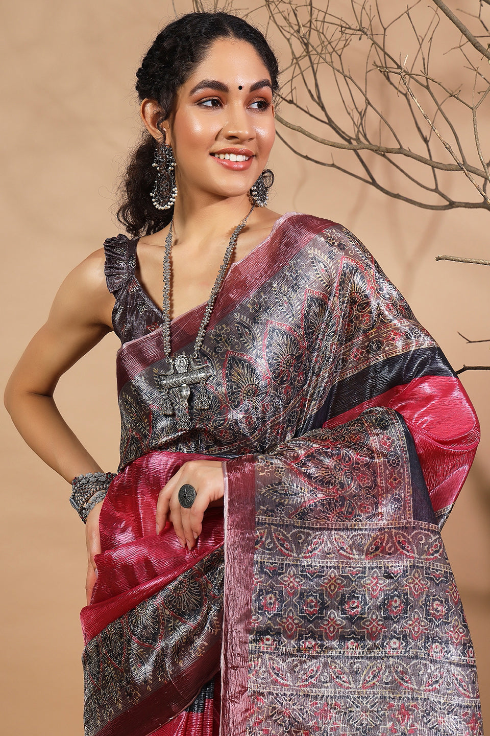 Ajrakh Prints Crush Gold Tissue Saree