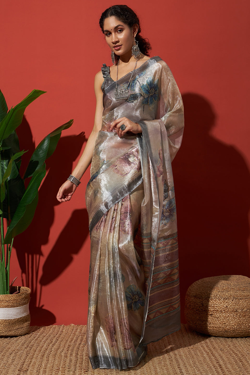 Digital Floral Prints Crush Gold Saree