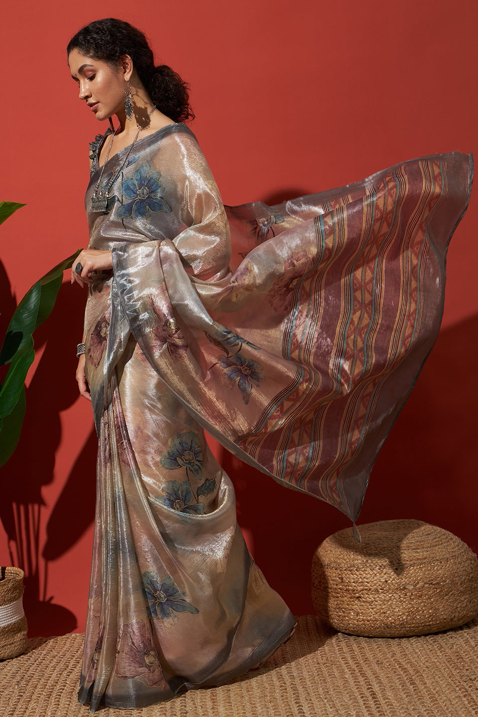 Digital Floral Prints Crush Gold Saree