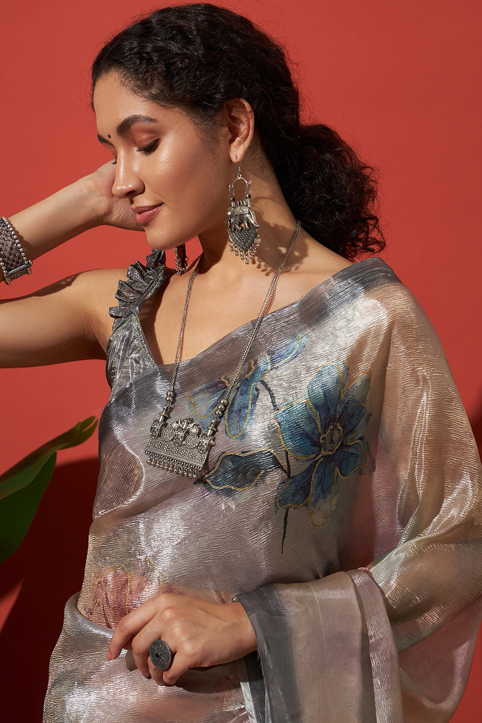 Digital Floral Prints Crush Gold Saree