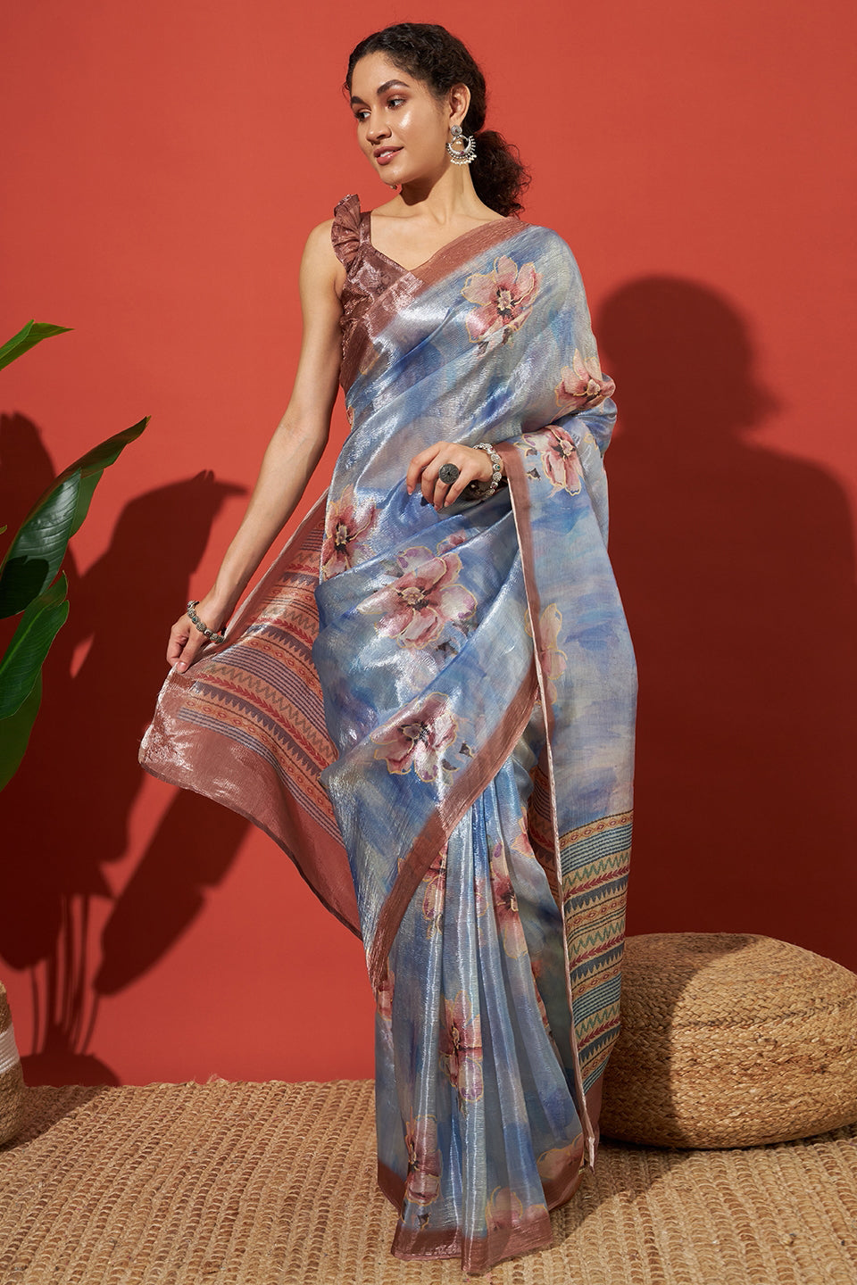 Digital Floral Prints Blue Crush Gold Tissue Saree