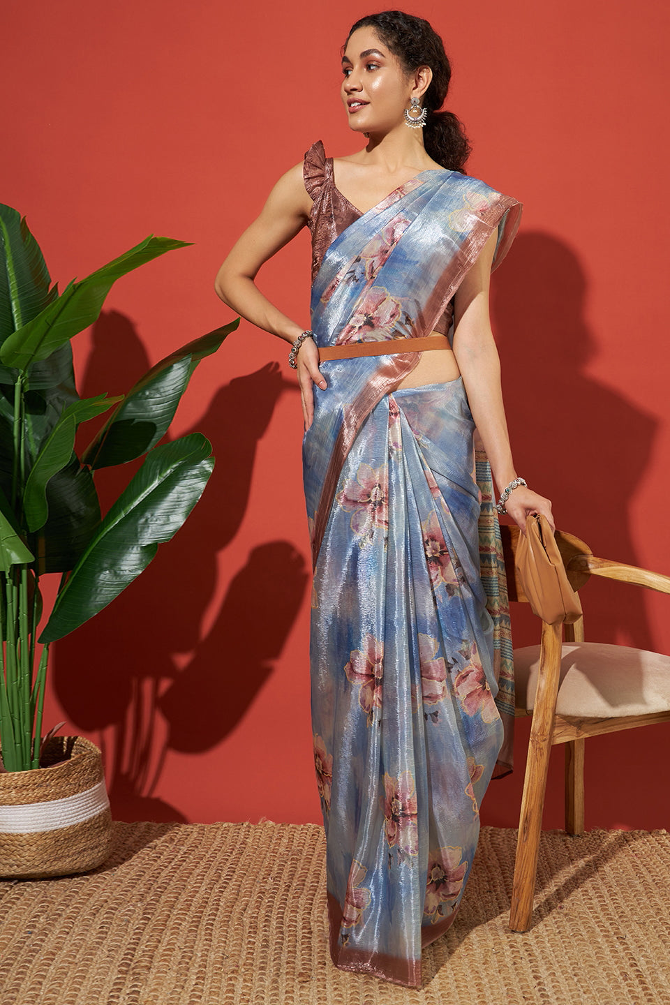 Digital Floral Prints Blue Crush Gold Tissue Saree