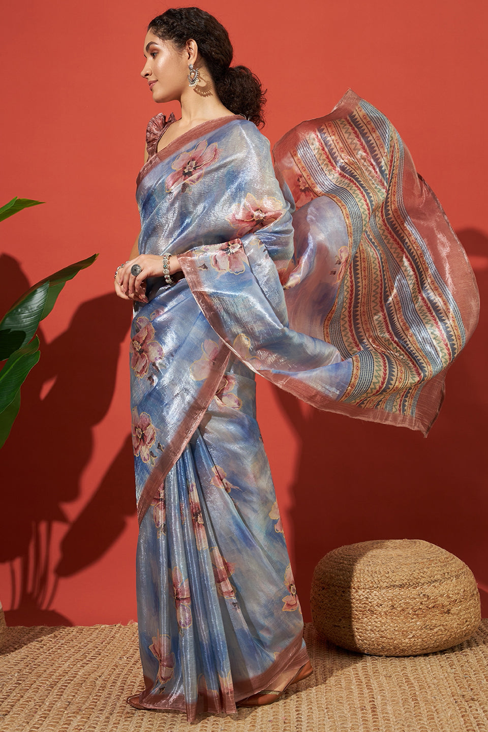 Digital Floral Prints Blue Crush Gold Tissue Saree