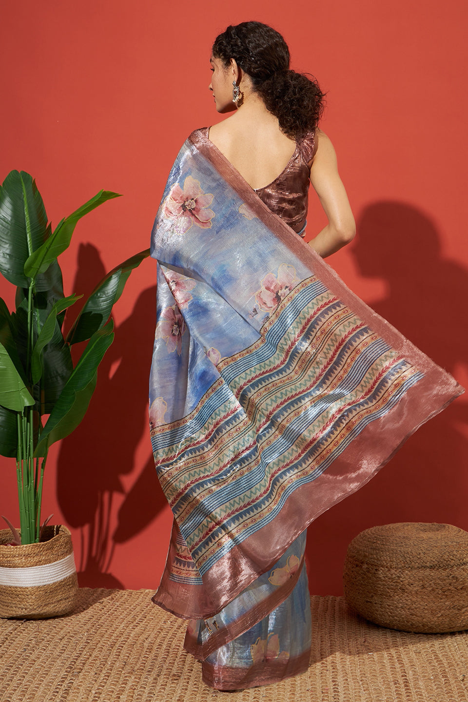 Digital Floral Prints Blue Crush Gold Tissue Saree