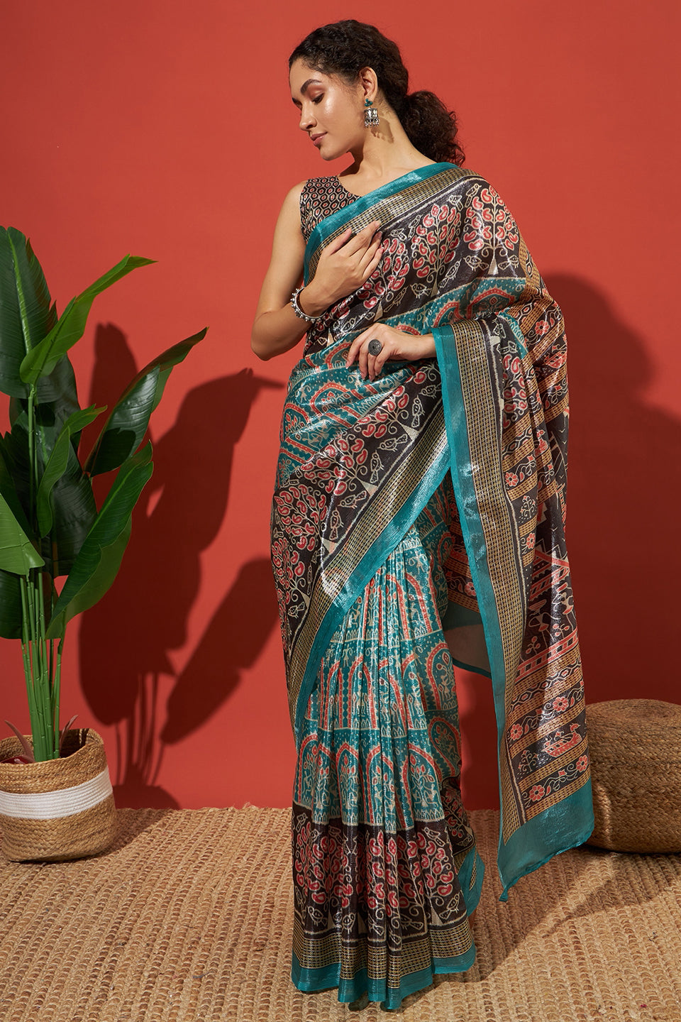 Tanchui Ajrakh Prints Metalic Blue Crush Gold Tissue Saree