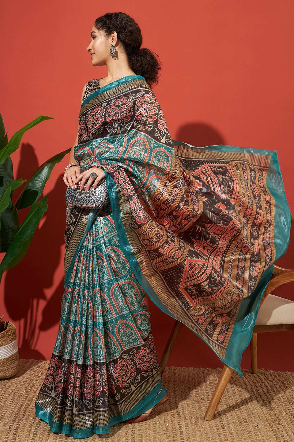 Tanchui Ajrakh Prints Metalic Blue Crush Gold Tissue Saree