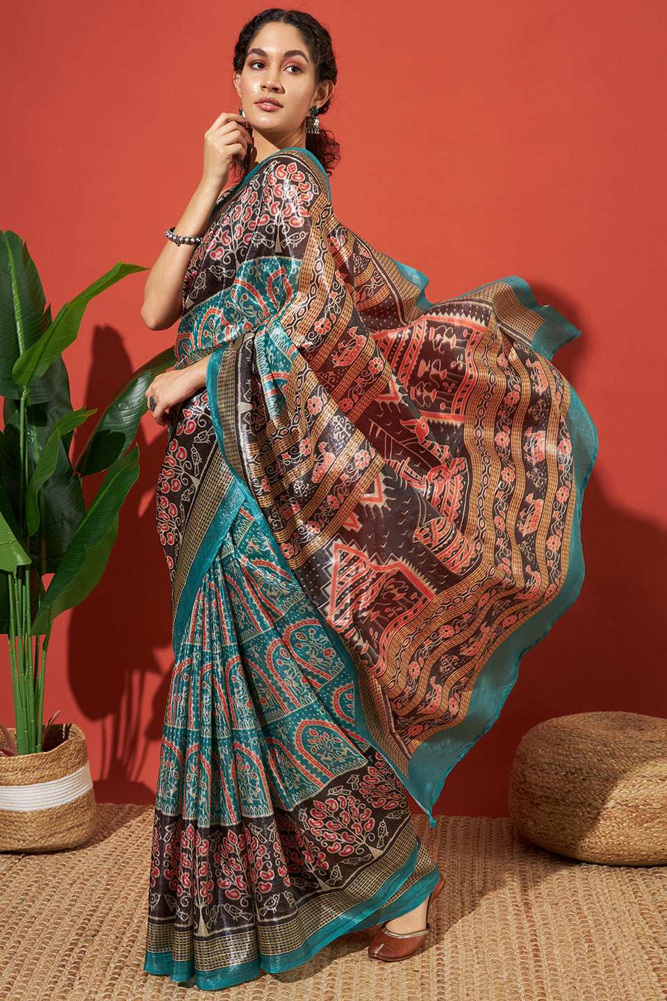 Tanchui Ajrakh Prints Metalic Blue Crush Gold Tissue Saree