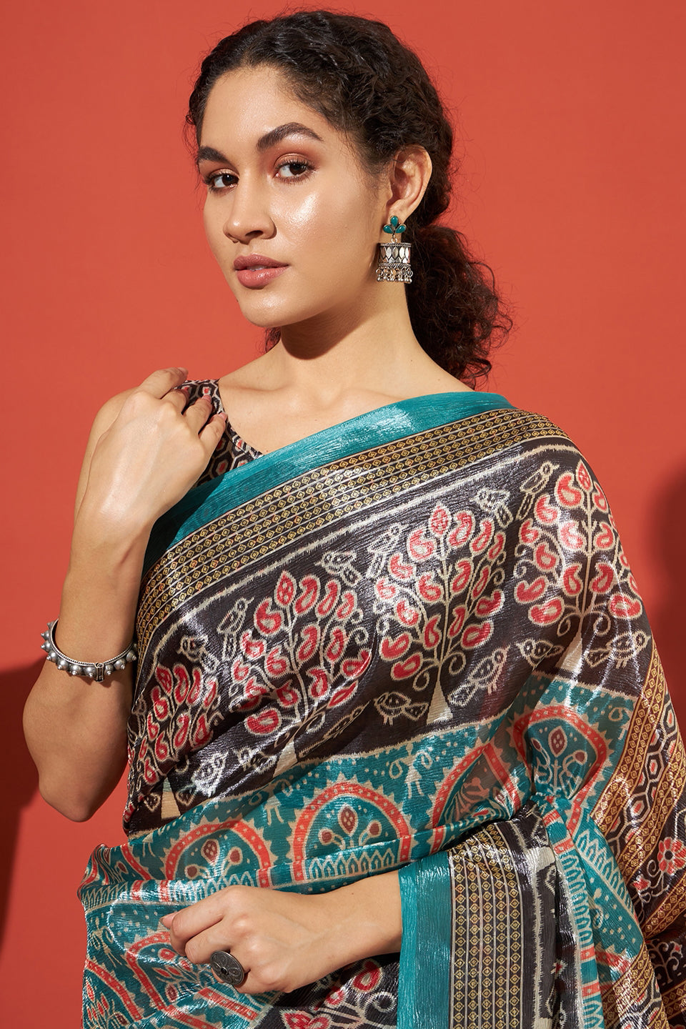 Tanchui Ajrakh Prints Metalic Blue Crush Gold Tissue Saree