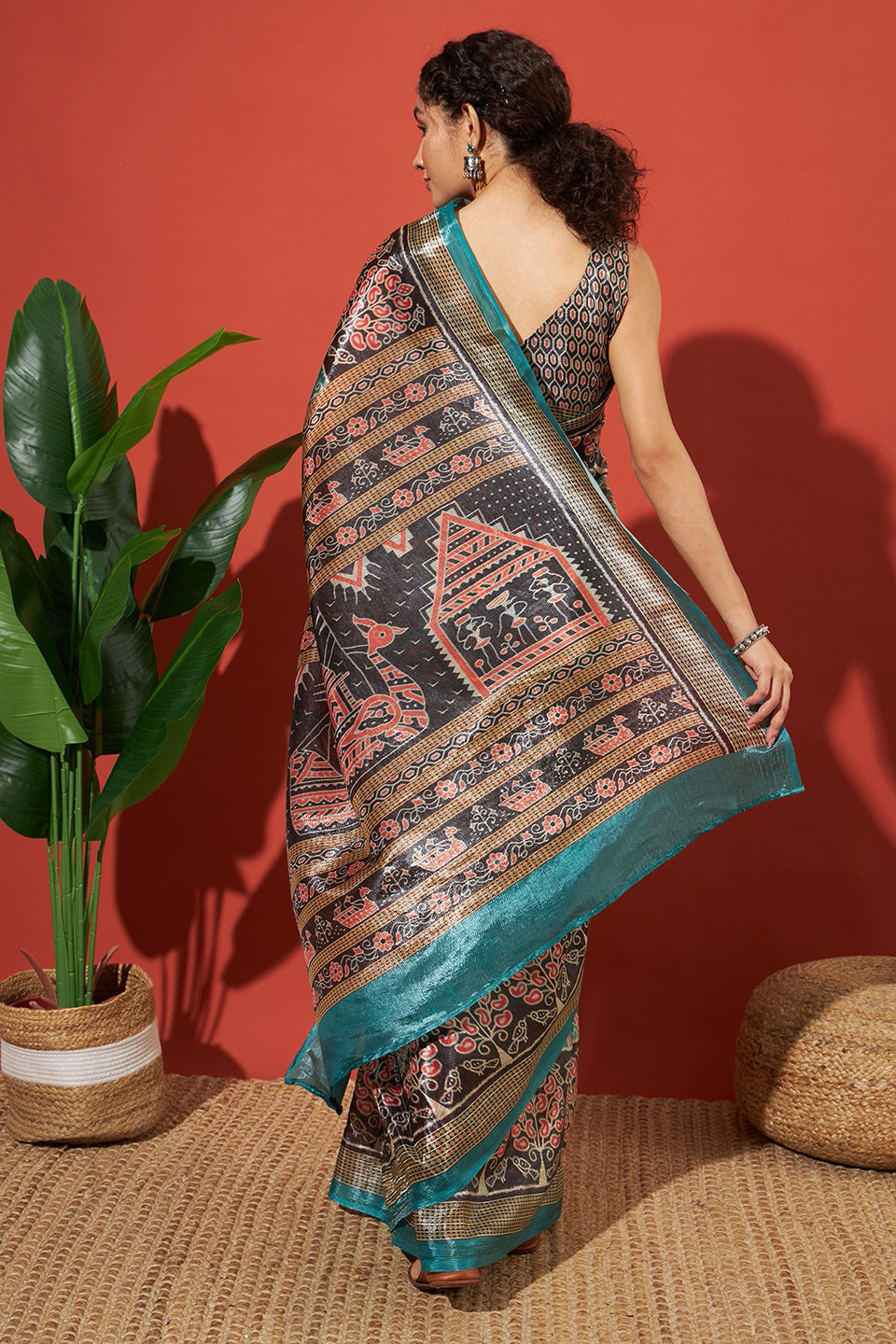 Tanchui Ajrakh Prints Metalic Blue Crush Gold Tissue Saree