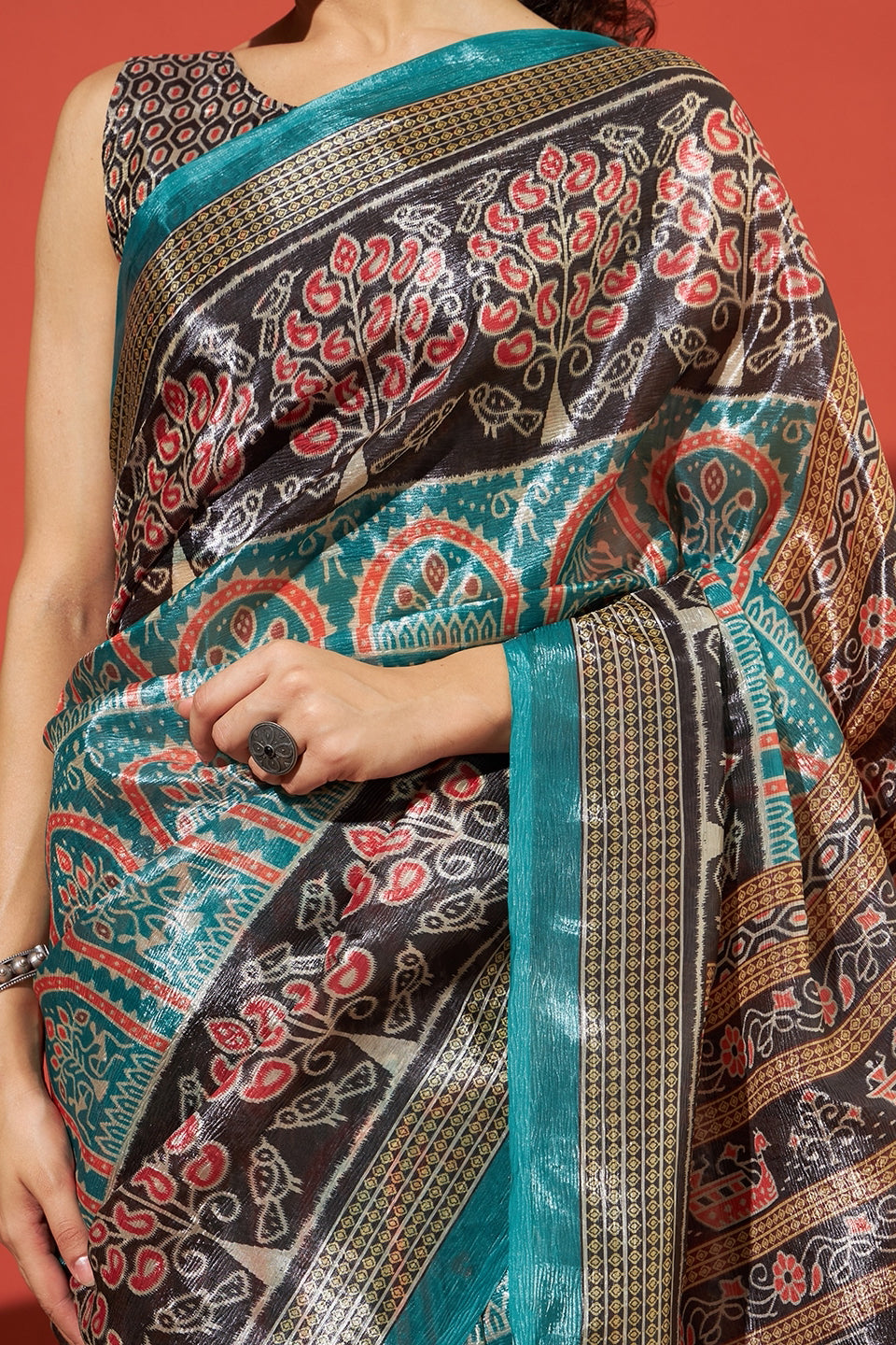 Tanchui Ajrakh Prints Metalic Blue Crush Gold Tissue Saree