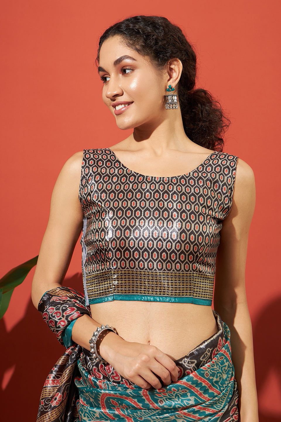 Tanchui Ajrakh Prints Metalic Blue Crush Gold Tissue Saree